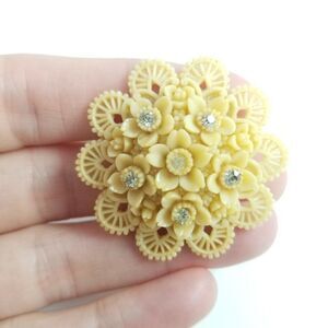 Vintage Cream Plastic Flower with Rhinestones Brooch Lapel Pin, Made in Japan